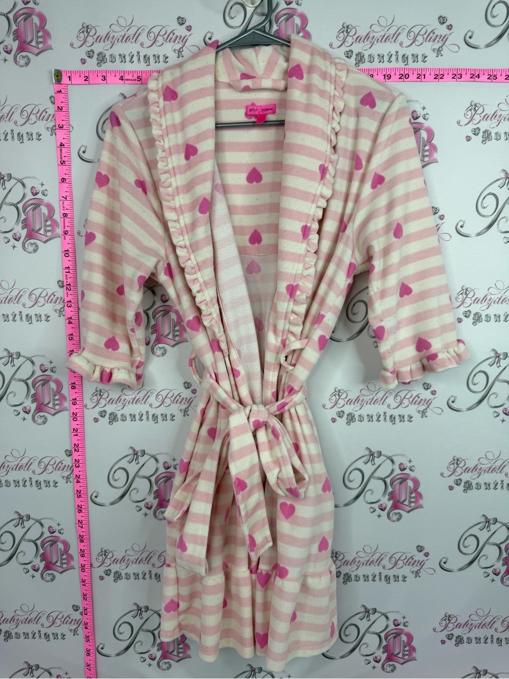 Betsey Johnson robe ruffle Pink and Cream Striped Heart Fleece Robe with Belt